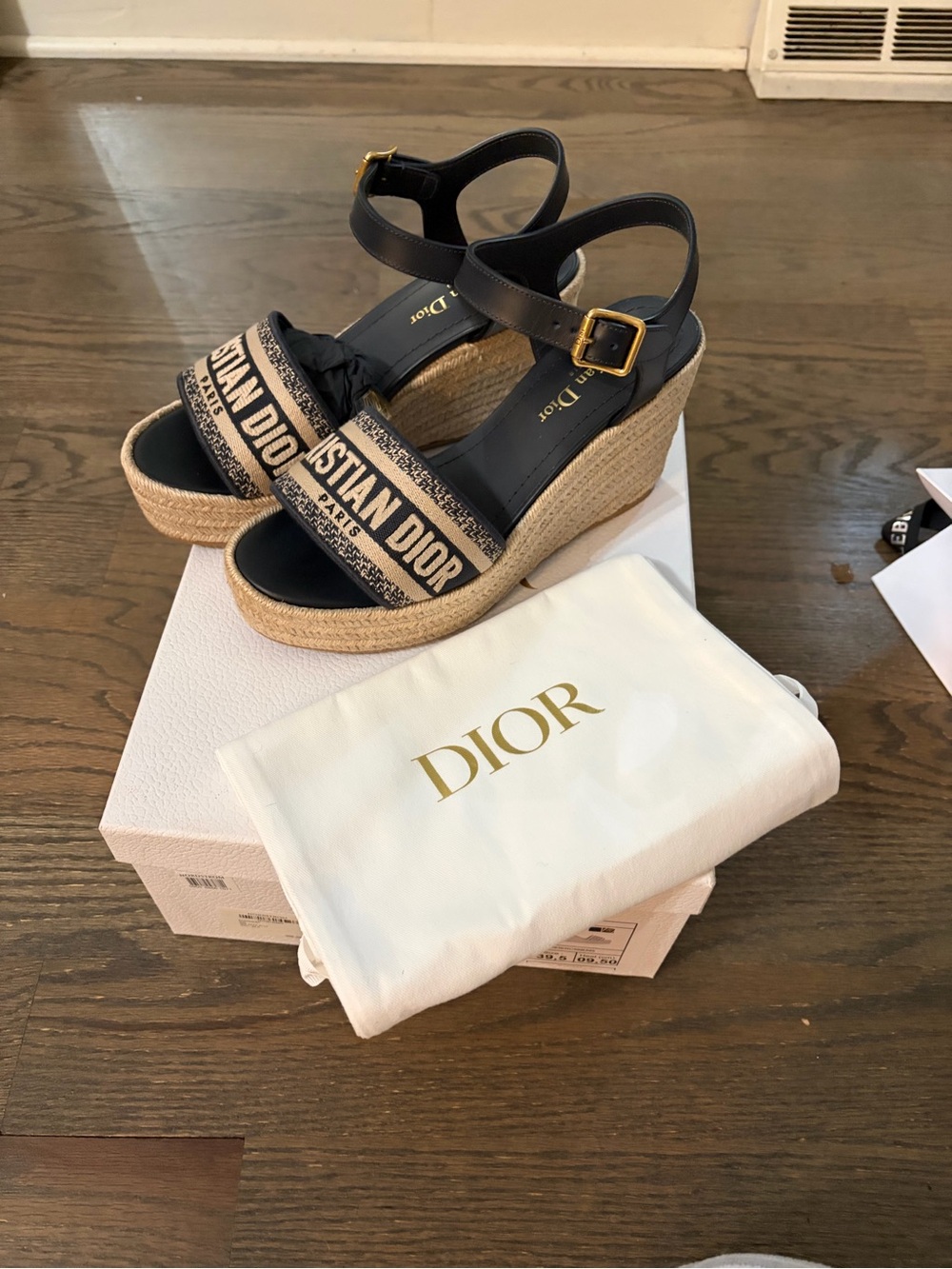 Dior Black Leather and Natural Jute Logo Espadrille Wedges